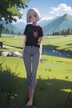 masterpiece, best quality, highres, 1girl, white hair, bob cut, beautiful detailed eyes, grey eyes, shirt, black shirt, short sleeve, skinny pants, gray pants, bare feet, standing, outdoor, grass, nature, mountains