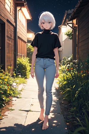 1girl, white hair, short hair, black sweater, short sleeve, skinny pants, gray pants, bare feet, standing, outdoor, nature, grass, nighttime, night, night sky