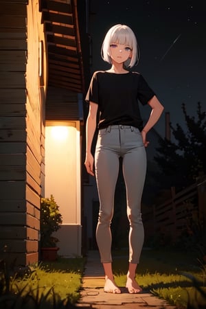 masterpiece, best quality, highres, 1girl, white hair, bob cut, beautiful detailed eyes, grey eyes, shirt, black shirt, short sleeve, skinny pants, gray pants, bare feet, standing, outdoor, grassland, nighttime, night