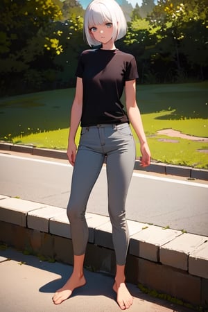 masterpiece, best quality, highres, 1girl, white hair, bob cut, beautiful detailed eyes, grey eyes, shirt, black shirt, short sleeve, skinny pants, gray pants, bare feet, standing, outdoor, nature