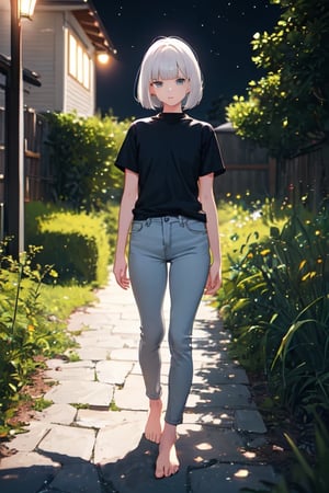 1girl, white hair, bob cut, beautiful detailed eyes, grey eyes, shirt, black shirt, short sleeve, skinny pants, gray pants, bare feet, standing, outdoor, nature, grass, nighttime, night, night sky, gloomy lighting