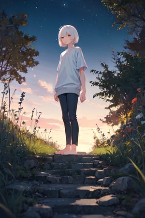 1girl, white hair, short hair, sweater, short sleeve, skinny pants, gray pants, bare feet, standing, outdoor, nature, grass, nighttime, night, night sky