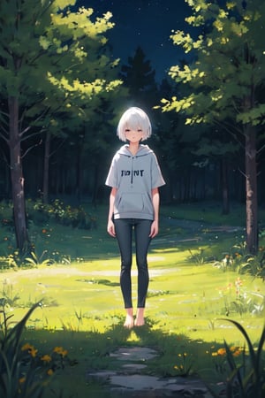 1girl, white hair, short hair, black hoodie, short sleeve, skinny pants, gray pants, bare feet, standing, outdoor, nature, grass, nighttime, night, night sky