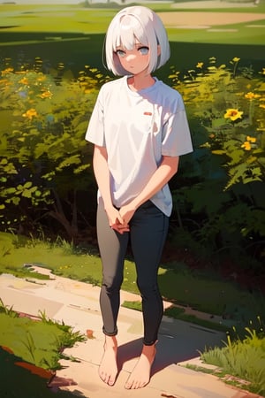 masterpiece, best quality, highres, 1girl, white hair, bob cut, beautiful detailed eyes, grey eyes, shirt, black shirt, short sleeve, skinny pants, gray pants, bare feet, standing, outdoor, soil, grassland