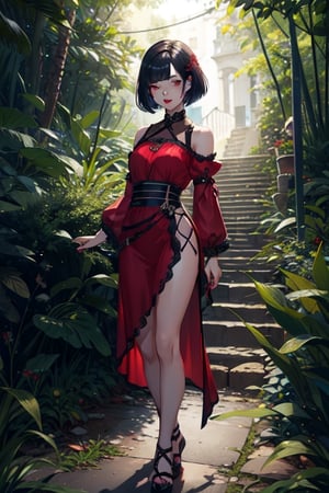 1girl, solo, full body, looking at viewer, nature background, bob cut, short hair, makeup , parted lips, red lips, eyeliner,