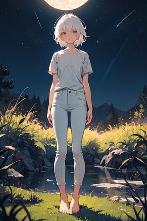 1girl, white hair, short hair, shirt, short sleeve, skinny pants, gray pants, bare feet, standing, outdoor, nature, grass, nighttime, night, night sky