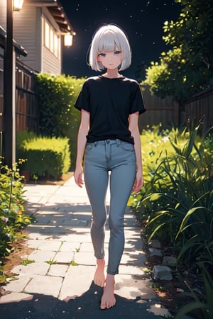 1girl, white hair, bob cut, beautiful detailed eyes, grey eyes, shirt, black shirt, short sleeve, skinny pants, gray pants, bare feet, standing, outdoor, nature, grass, nighttime, night, night sky, gloomy lighting