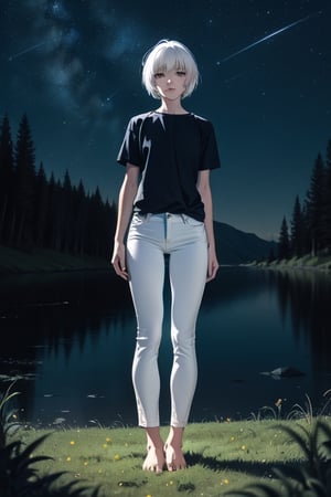 1girl, white hair, short hair, shirt, short sleeve, skinny pants, gray pants, bare feet, standing, outdoor, nature, grass, nighttime, night, night sky