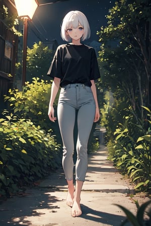 masterpiece, best quality, highres, 1girl, white hair, bob cut, beautiful detailed eyes, grey eyes, shirt, black shirt, short sleeve, skinny pants, gray pants, bare feet, standing, outdoor, nature background, nighttime, night