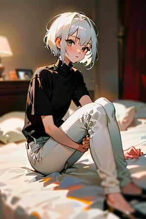 (masterpiece, best quality), 1girl with short white hair sitting on a bed, bedroom, her hand on her knees, warm lighting, black shirt, short sleeves, turtleneck, skinny pants, white pants, blurry foreground, girl