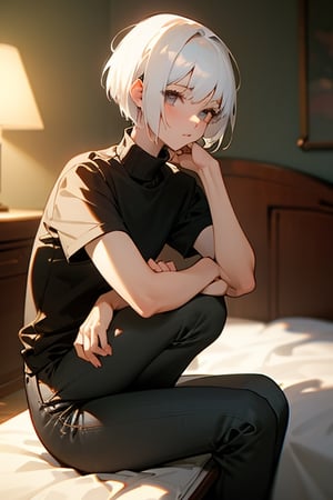 (masterpiece, best quality), 1girl with short white hair sitting on a chair, bedroom, her hand on her knees, warm lighting, black shirt, short sleeves, turtleneck, skinny pants, white pants, blurry foreground, girl