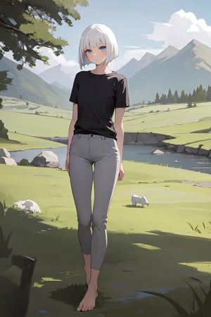 masterpiece, best quality, highres, 1girl, white hair, bob cut, beautiful detailed eyes, grey eyes, shirt, black shirt, short sleeve, skinny pants, gray pants, bare feet, standing, outdoor, grass, nature, mountains