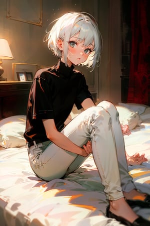 (masterpiece, best quality), 1girl with short white hair sitting on a bed, bedroom, her hand on her knees, warm lighting, black shirt, short sleeves, turtleneck, skinny pants, white pants, blurry foreground, girl