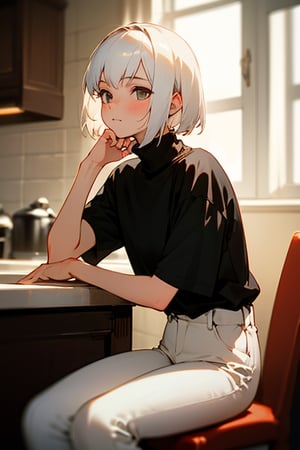 (masterpiece, best quality), 1girl with short white hair sitting on a chair, kitchen, her hand under her chin, warm lighting, black shirt, short sleeves, turtleneck, skinny pants, white pants, blurry foreground