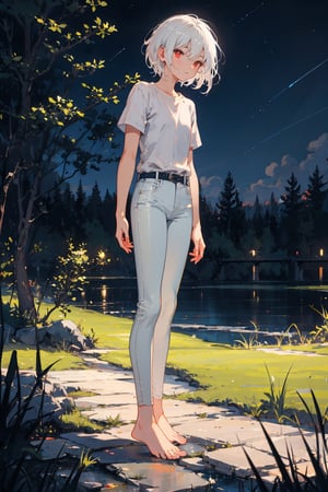 (masterpiece, best quality), 1girl, red eyes, white hair, short hair, shirt, short sleeve, skinny pants, gray pants, bare feet, standing, outdoor, nature, grass, nighttime, night, night sky