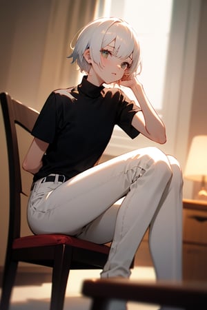 (masterpiece, best quality), 1girl with short white hair sitting on a chair, bedroom, her hand on her knees, warm lighting, black shirt, short sleeves, turtleneck, skinny pants, white pants, blurry foreground, girl