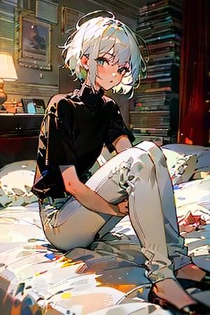 (masterpiece, best quality), 1girl with short white hair sitting on a bed, bedroom, her hand on her knees, warm lighting, black shirt, short sleeves, turtleneck, skinny pants, white pants, blurry foreground, girl