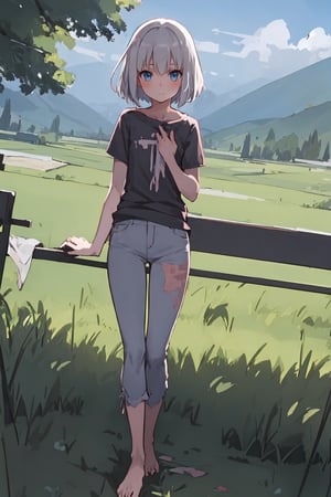 masterpiece, best quality, highres, 1girl, white hair, bob cut, beautiful detailed eyes, grey eyes, shirt, black shirt, short sleeve, skinny pants, gray pants, bare feet, standing, outdoor, grass, nature, mountains