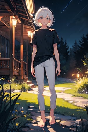 (masterpiece, best quality), 1girl, white hair, short hair, shirt, short sleeve, skinny pants, gray pants, bare feet, standing, outdoor, nature, grass, nighttime, night, night sky