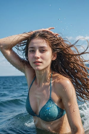 a girl, she is running very fast,28yo, arms behind head,(side_view), A beautiful long-haired woman floats out of the beautiful sea on a clear day, raising droplets, Extremely Realistic