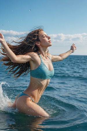 a girl, she is running very fast,28yo,(side_view), A beautiful long-haired woman floats out of the beautiful sea on a clear day, raising droplets,(( arms behind head)), Extremely Realistic