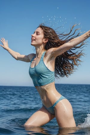 a girl, she is running very fast,28yo,(side_view), A beautiful long-haired woman floats out of the beautiful sea on a clear day, raising droplets, arms up behind
,Extremely Realistic