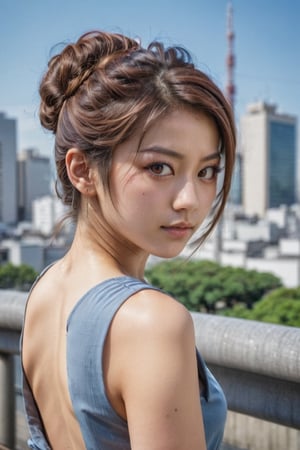 a beautiful girl,28yo, arms behind back, very wide shot, french twist hair, broun eyes, at osaka city, Extremely Realistic,