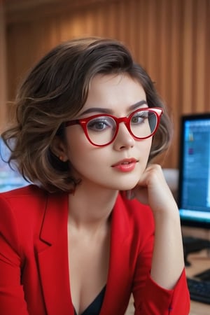 ((masterpiece,bestquality)),
A woman,28-yeras-old, leaning on one elbow in front of a computer and looking at the screen in the office, red frame under rim glasses , short hair, wavy hair, 4K, put her hair behind her ears, side view, wallpaper,
look at the pc monitor,,tiping key board,
