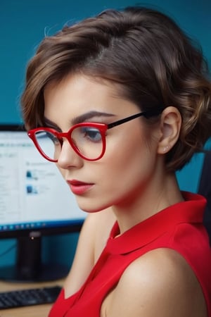 A woman,28-yeras-old, leaning on one elbow in front of a computer and looking at the screen in the office, (red frame under rim) glasses , short hair, wavy hair, 4K, put her hair behind her ears, side view, wallpaper,
look at the pc monitor,,tiping key board,