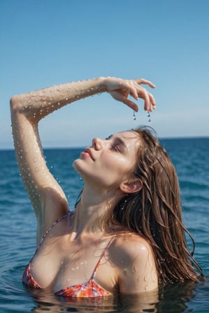a girl,28yo, arms behind head,(side_view), A beautiful long-haired woman floats out of the beautiful sea on a clear day, raising droplets, Extremely Realistic