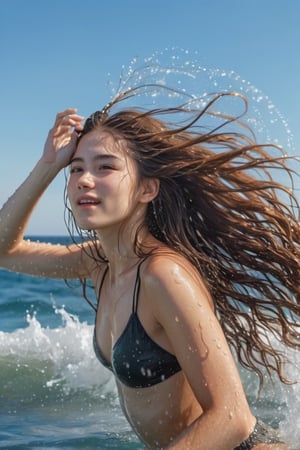 a girl, she is running very fast,28yo,(side_view), A beautiful long-haired woman floats out of the beautiful sea on a clear day, raising droplets,((and is holding her hair with both hands):1.2),
,Extremely Realistic