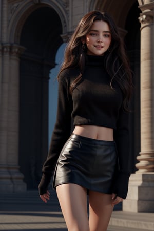 background is the Arc de Triomphe,triumphal arch,Paris,
18 yo, 1 girl, beautiful korean girl,
wearing tight black sweater(turtle neck,simple),tight leather short skirt,black long boots,shoulder bag, smile, solo, {beautiful and detailed eyes}, dark eyes, calm expression, delicate facial features, ((model pose)), Glamor body type, (dark hair:1.2), simple tiny earrings, simple tiny necklace,very_long_hair, hair past hip, bangs, curly hair, flim grain, realhands, masterpiece, Best Quality, 16k, photorealistic, ultra-detailed, finely detailed, high resolution, perfect dynamic composition, beautiful detailed eyes, eye smile, ((nervous and embarrassed)), sharp-focus, full_body, cowboy_shot,