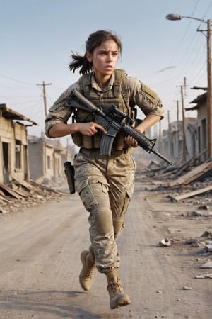 a girl, she is running very fast,28yo,(side_view)
, she is army soldier,she is carring a Assault rifle on her shoulder,broken town in evening,Extremely Realistic