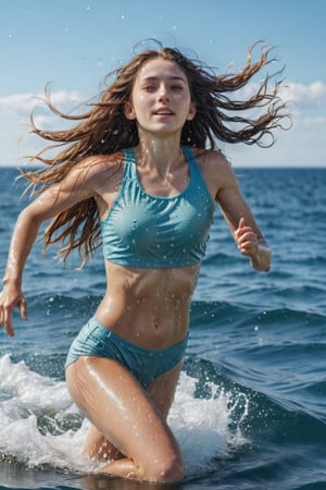 a girl, she is running very fast,28yo,(side_view), A beautiful long-haired woman floats out of the beautiful sea on a clear day, raising droplets.
,Extremely Realistic