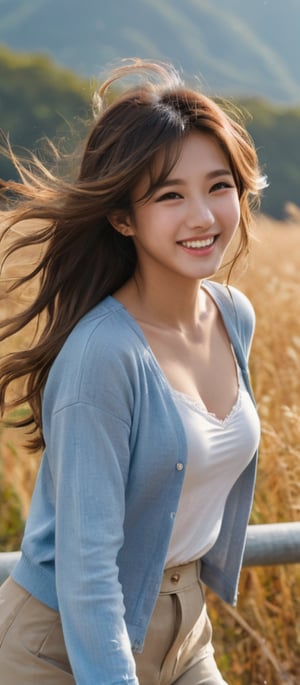 Girl 1, Ultra High Definition, Windblown Hair, Brown Eyes, Brown Hair, Japanese, Delicate Facial Features, Laughing, {{{Masterpiece}}}, {{Highest Quality}}, High Resolution, High Definition, Natural Poses in Everyday LifeGirl 1, Seconds High definition, wind blowing hair, brown eyes, brown hair, delicate facial features, smile, {{{masterpiece}}}, {{highest quality}}, high resolution, high quality, natural poses in everyday life, very realistic, best coordination, color ,design ,wide_shot,full_body