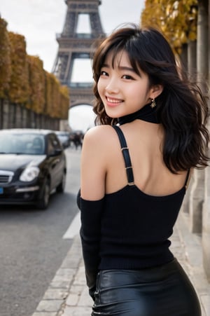 background is the Arc de Triomphe,triumphal arch,Paris,
18 yo, 1 girl, beautiful korean girl,
wearing tank top and black sweater(turtle neck,simple),tight leather short skirt,black long boots,shoulder bag, smile, solo, sexy pose,{beautiful and detailed eyes}, dark eyes, calm expression, delicate facial features, ((model pose)), Glamor body type, (dark hair:1.2), simple tiny earrings, simple tiny necklace,very_long_hair, hair past hip, bangs, curly hair, flim grain, realhands, masterpiece, Best Quality, 16k, photorealistic, ultra-detailed, finely detailed, high resolution, perfect dynamic composition, beautiful detailed eyes, eye smile, ((nervous and embarrassed)), sharp-focus, full_body, cowboy_shot,chonlada