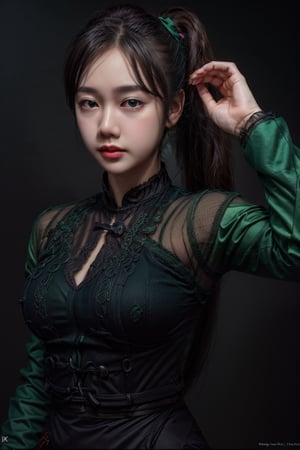 masterpiece, high quality:1.5), (8K, HDR), masterpiece, best quality, 1girl, solo, PrettyLadyxmcc,OrgLadymm,gradient black background,long_ponytail,(shirt color:clean green),(pose:dynamic),upper_body