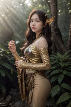 In a dappled, ancient forest ruin, an Elf Princess stands tall, her staff raised high as beams of warm sunlight filter through the trees, casting a golden halo around her regal figure. Her revealing, enchanted clothing shimmers in the soft light, while lush foliage and vines surround her, creating a lush environment. The camera captures a sharp focus on the princess's face, with the rule of thirds composition placing her at the intersection of two diagonals. Shot during the golden hour, the scene exudes an ethereal mood, inviting the viewer to step into this mystical realm., ,fantasy,better_hands,leonardo,angelawhite,Enhance,PrettyLadyxmcc