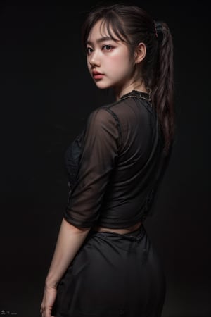 masterpiece, high quality:1.5), (8K, HDR), masterpiece, best quality, 1girl, solo, PrettyLadyxmcc,OrgLadymm,gradient black background,long_ponytail,upper white