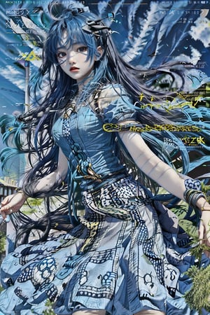 (masterpiece, best quality:1.2), 
1girl, 
(Dynamic pose:0.8), 
(solo:1.5), 
(cowboy shot:1.2), 
(from side way:0.8),
(thigh:0.3), 





(((long hair))),(((blue hair ))),
(((dress skirt))),






(wind:1.5), 
(magazine cover title:1.3), 









,OrgLadymm,PrettyLadyxmcc