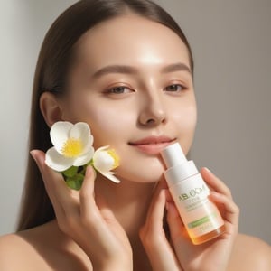 beautiful girl with a glowing face holding abloom toner
