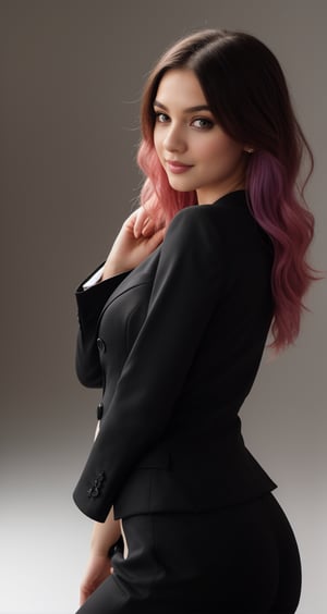 a beautiful girl wearing a black suit and giving a good pose and lighting background in studio and an ai inlfuencer and a colorful hair and pretty face and eyes pretty differnet pose