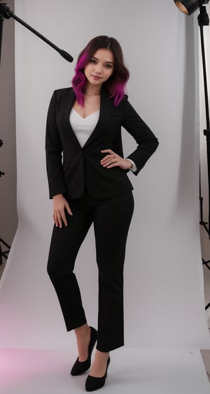 a beautiful girl wearing a black suit and giving a good pose and lighting background in studio and an ai inlfuencer and a colorful hair and pretty face and eyes pretty differnet pose