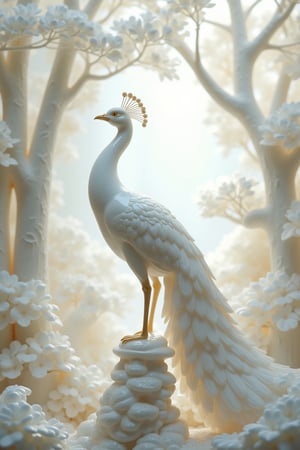 White peacock, in the style of the Rococo style, against a white background, with a dreamy atmosphere, a light and shadow art installation, intricate details, exquisite carving of jade material, peacocks in the forest, beautiful scenery, exquisite carving, exquisite three-dimensional effect, high-definition photography, meticulous painting.