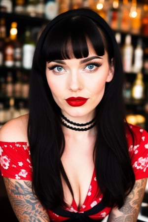 close up profile portraitt, 27 year old girlfriend, bettie page, straight black hair, (straight bangs), rockabilly style, red hair band, (red lipstick), black choker, red cotton print dress, in the bar, perfect eyes, green eyes, black eye makeup, tattoos