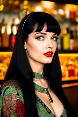 close up profile portraitt, 27 year old girlfriend, bettie page, straight black hair, (straight bangs), rockabilly style, red hair band, (red lipstick), black choker, red cotton print dress, in the bar, perfect eyes, green eyes, black eye makeup, tattoos