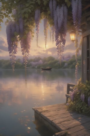 detailed background,( Calm spring night landscape), amongst lush greenery, beautiful view, wisteria in full bloom, wisteria, early morning, sunrise sky, beautiful clouds, dappled sunlight, outdoor seating, one lamp, Tranquil Lake, Boat on a Lake, depth of field, masterpiece, best quality, ultra-detailed, very aesthetic, illustration, perfect composition, intricate details, absurdres, moody lighting, wisps of light, no humans,