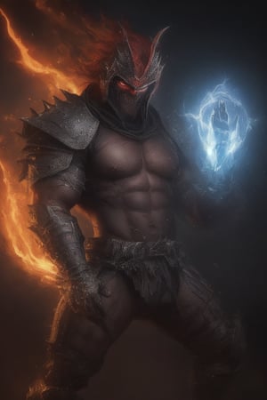 photorealistic, high resolution, soft light work of art,1man, sexy pose, Picture a young man in fighting stance, muscular body, short spiky red hair, full body, Wide Shot, wallpaper, (cinematic dramatic light), (detailed armored suit, ripped), (armored weapon:1), arcane, wind magic, magic surrounds, mesmerizing, visual effects, fire flying all over the shinning sky, creepy sad laughing demon mask, assassin weapon, perfect hands, sacred fantasy, dynamic pose, ancient portal in the background, JINKUNGFU, Male focus, Hard Gay focus,bara