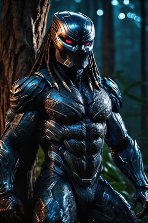 the predator, 4k blu-ray cinematic rendering, muddy muscular skin, thinking pose, perched on a tree, strong star light, darkness, camoflage colors, silver highlights on the suit, no text, by Kaja Foglio, ruddy brown skin and blue