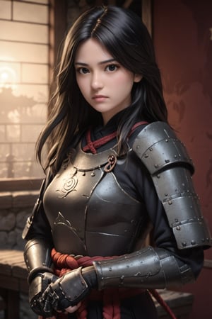 best quality, masterpieces,a women in samurai armor standing in front of devastated houses which on fire, ruins background,heavy shadow, film photography, soft focus, detailed skin, matte skin, soft lighting, subsurface scattering, realistic,midnight, dark sky, moon, dark theme, black samurai, 